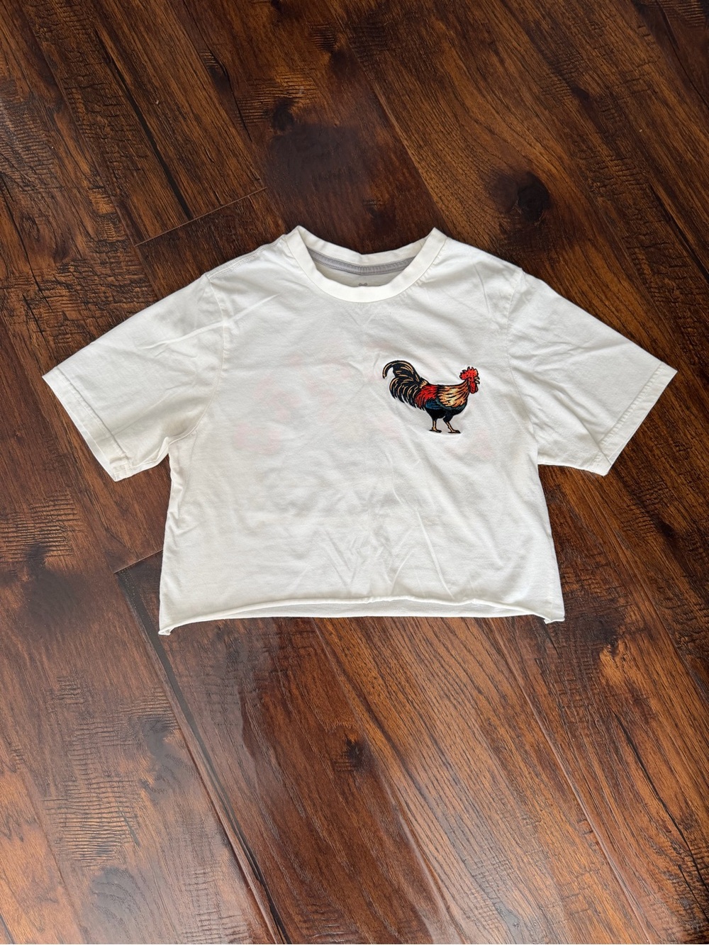 White Cropped Tee with Rooster Embroidered Patch